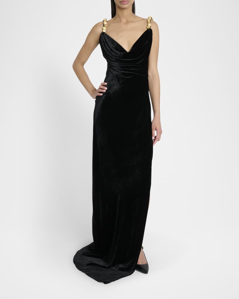 Button Cowl-Neck Velvet Slit Maxi Dress