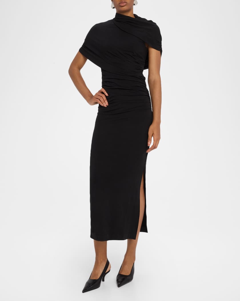Azure Ruched Mock-Neck Midi Dress