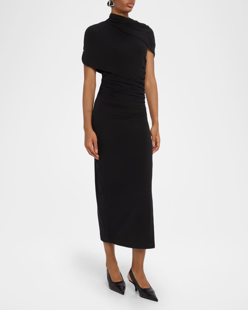 Azure Ruched Mock-Neck Midi Dress
