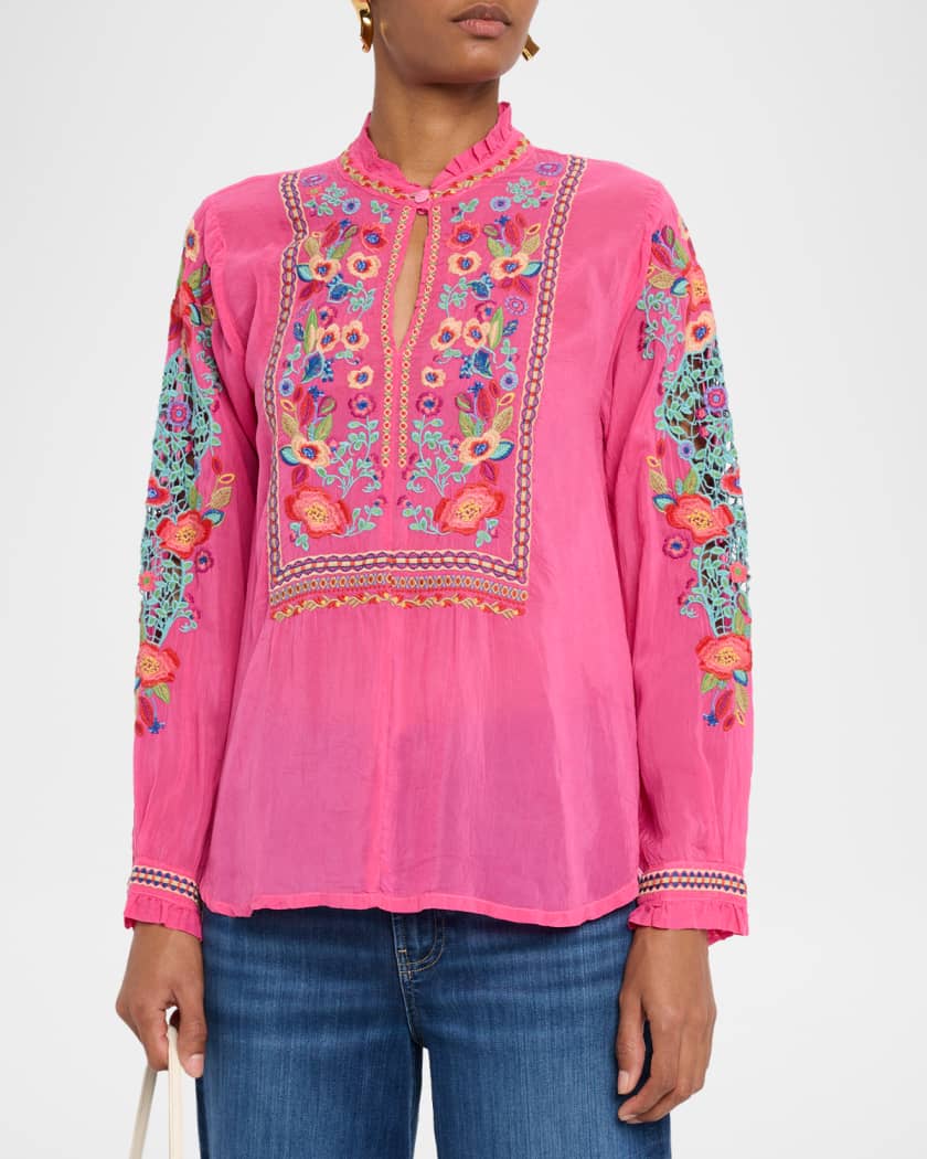 Johnny Was Simone Floral-Embroidered Georgette Blouse