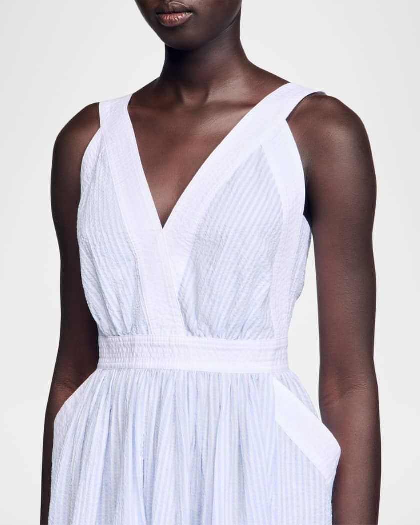 Sandro Sidonie Striped Seersucker Midi Dress | Neiman Marcus Sandro Sidonie Striped Seersucker Midi Dress | Neiman Marcus