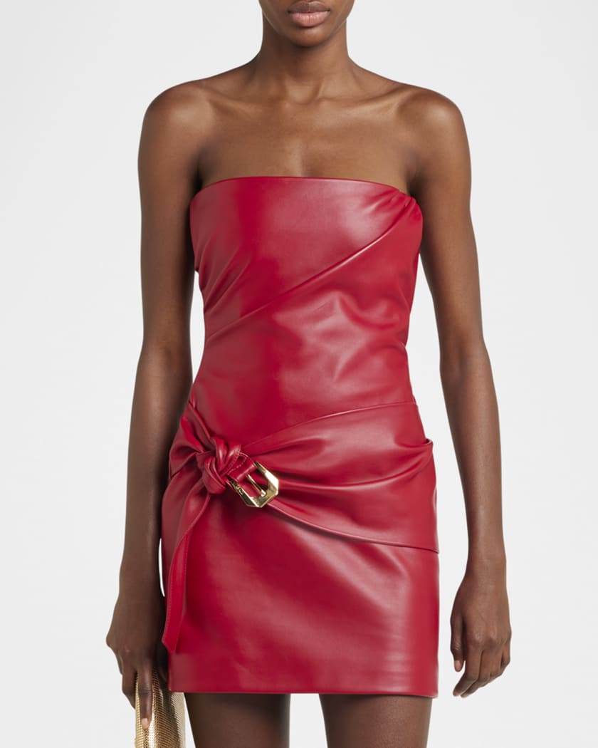 Strapless Buckle-Waist Lamb Leather Mini Dress