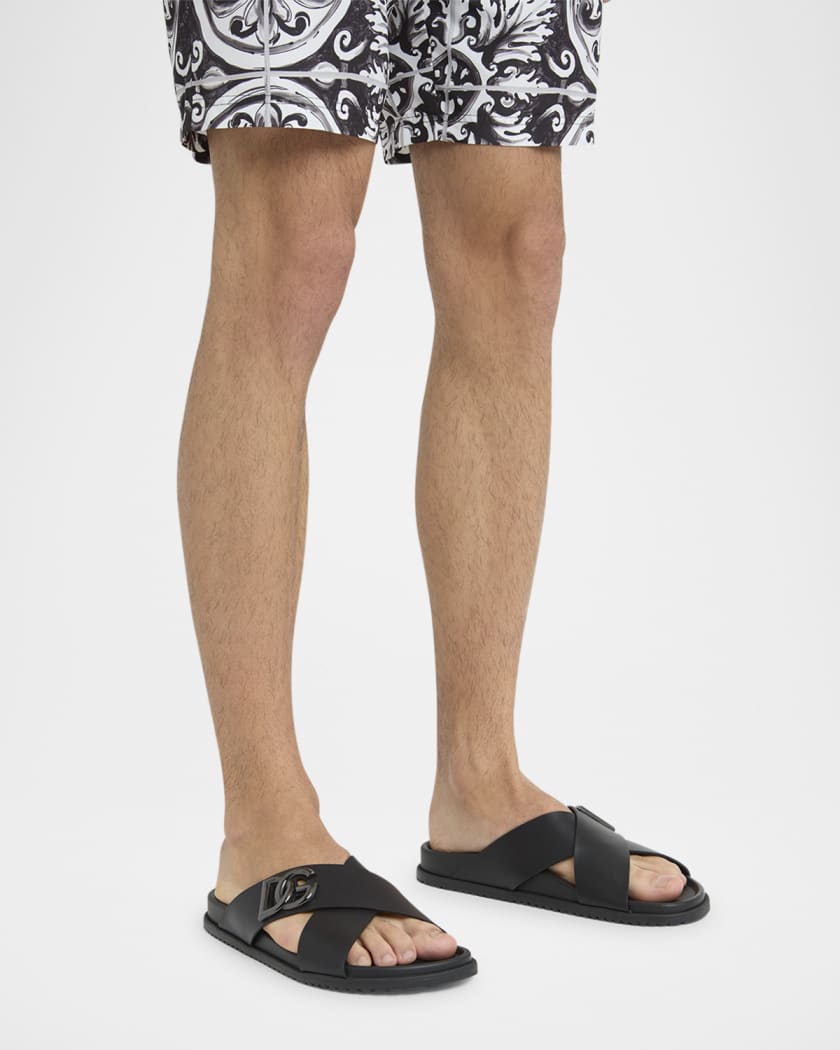 Men's Crisscross Leather Logo Slide Sandals 