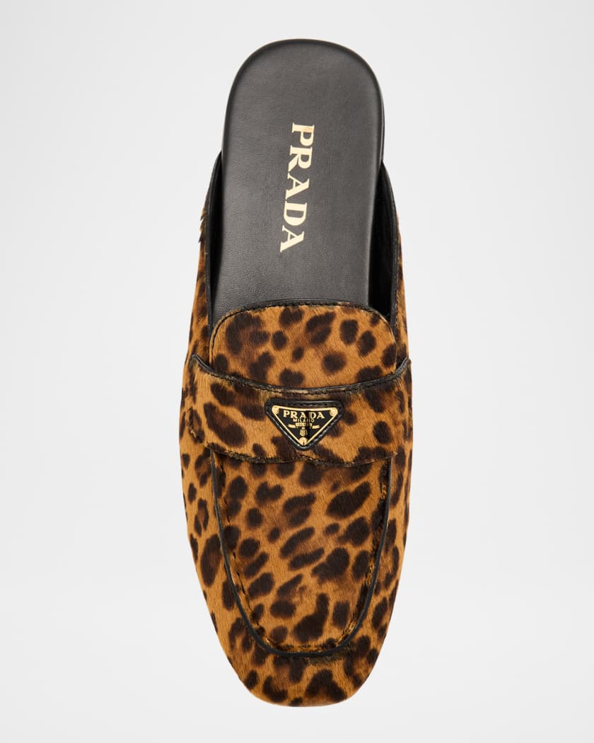 Prada Leopard-Print Pony Hair Mule Loafers | Neiman Marcus