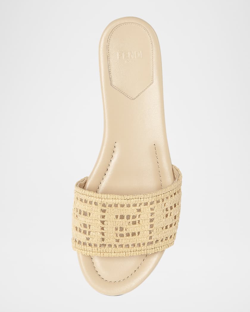 Fendi Sunshine FF Raffia Leather Slide Sandals | Neiman Marcus