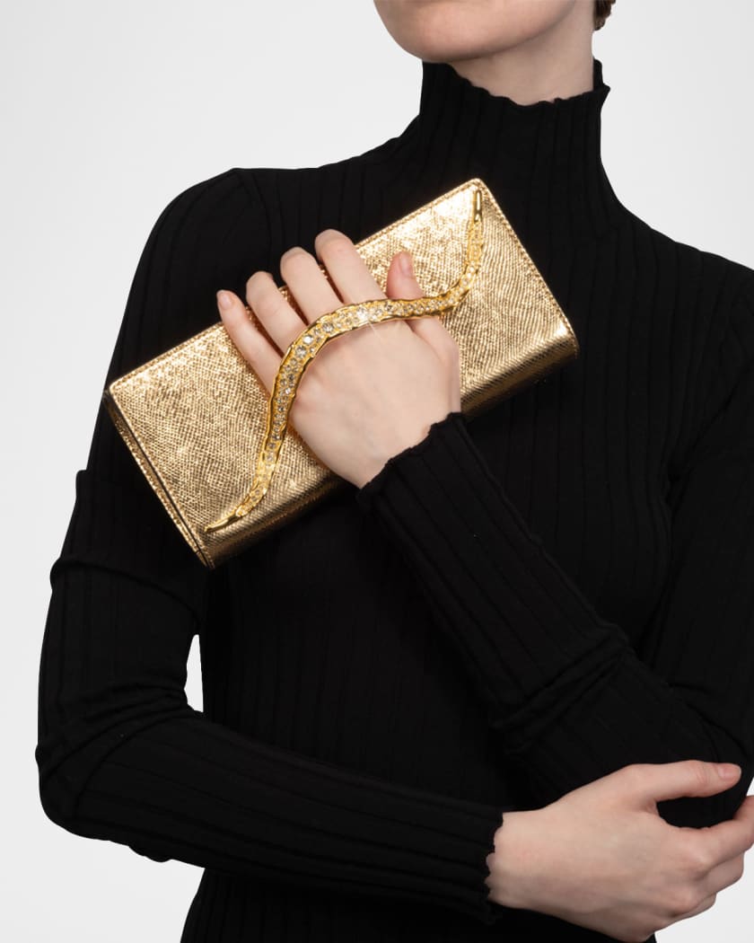 Crystal Curve Snake-Embossed Leather Clutch Bag