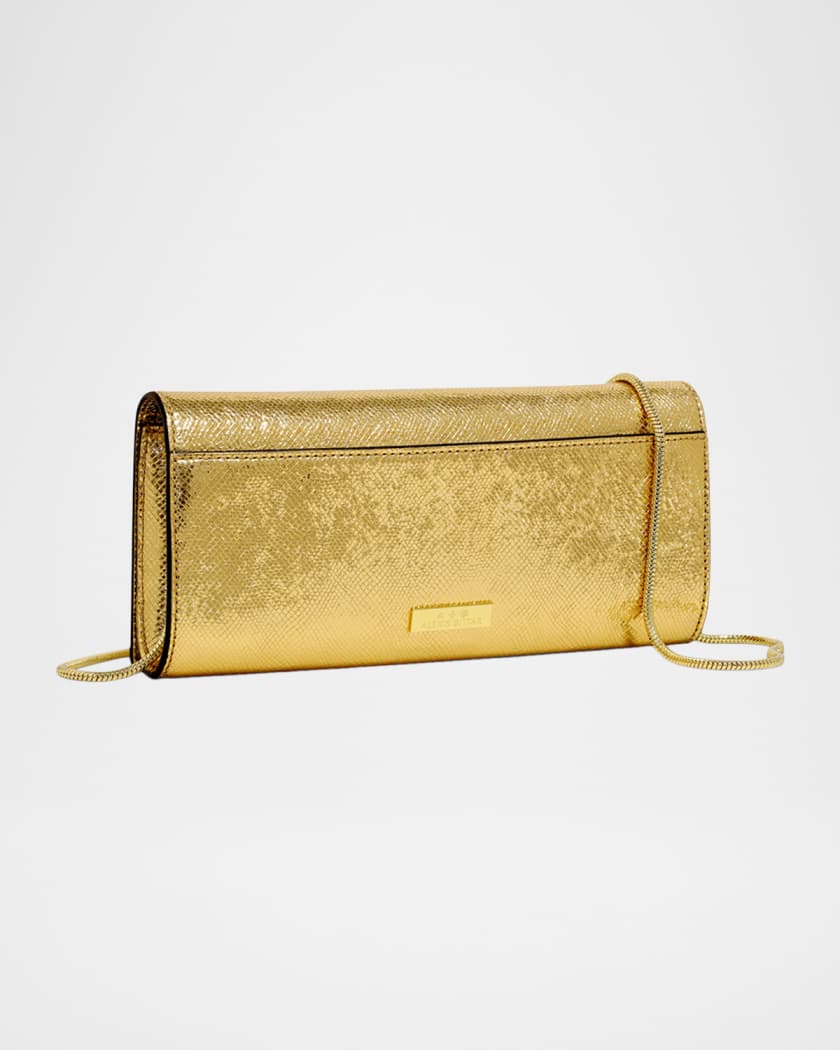 Crystal Curve Snake-Embossed Leather Clutch Bag