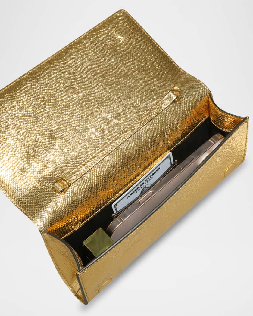 Crystal Curve Snake-Embossed Leather Clutch Bag