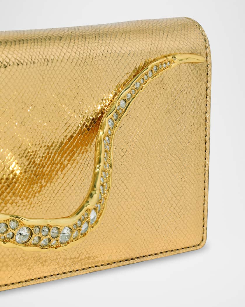 Crystal Curve Snake-Embossed Leather Clutch Bag