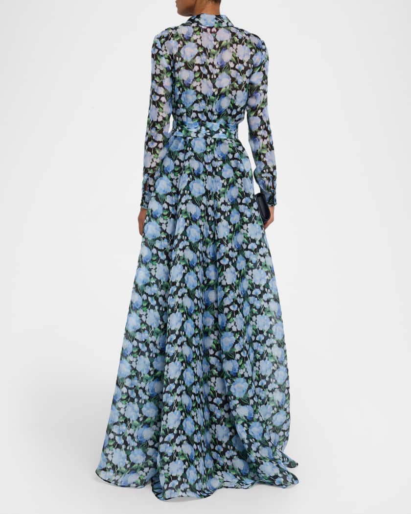 Floral Silk Long-Sleeve Trench Gown