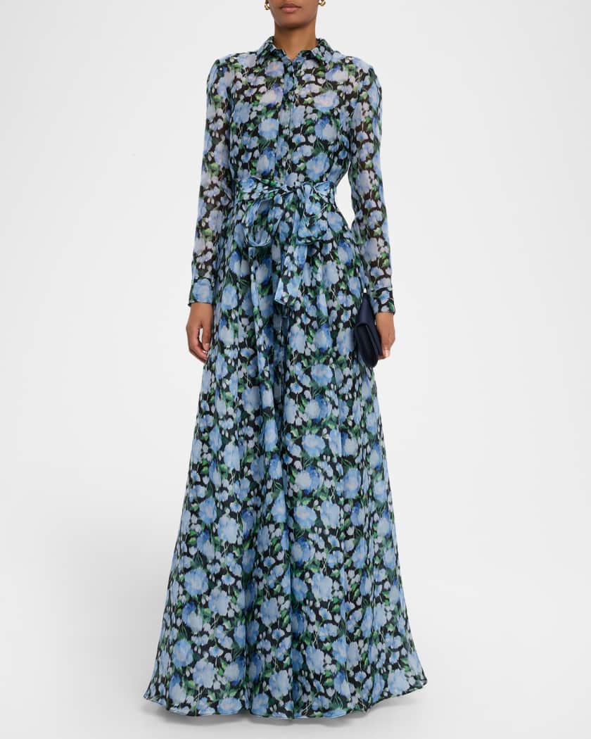 Floral Silk Long-Sleeve Trench Gown