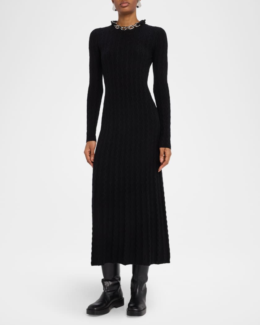 Chain Collar Long-Sleeve Wool-Cashmere Midi Sweater Dress