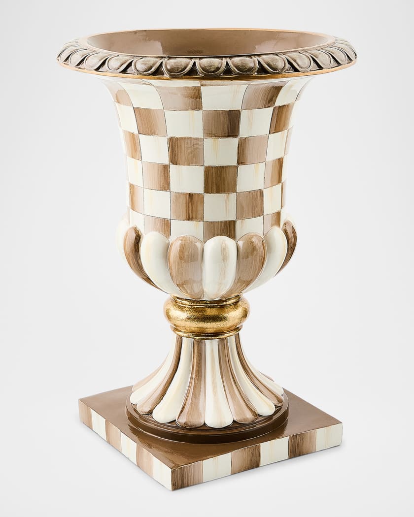 MacKenzie-Childs Mocha Check Tabletop Pedestal Urn | Neiman Marcus