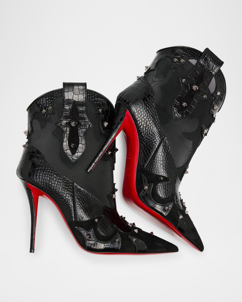 Bootytiag Croc-Embossed Leather and Mesh Red Sole Western Booties