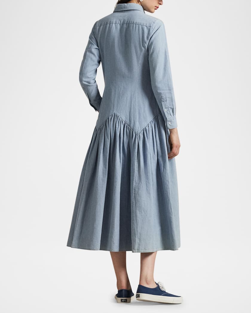 Long-Sleeve Cotton-Linen Chambray Shirtdress