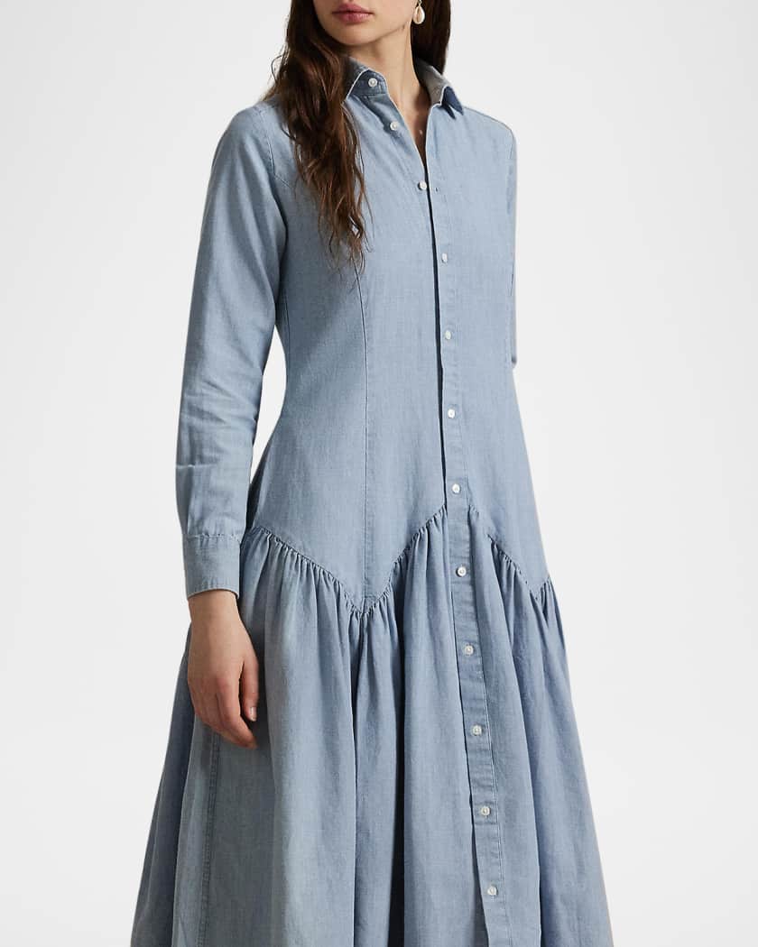 Long-Sleeve Cotton-Linen Chambray Shirtdress