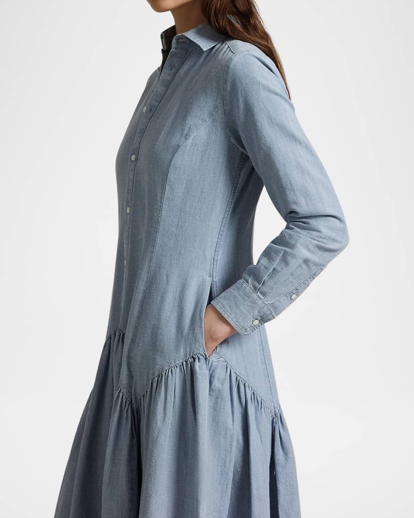 Long-Sleeve Cotton-Linen Chambray Shirtdress