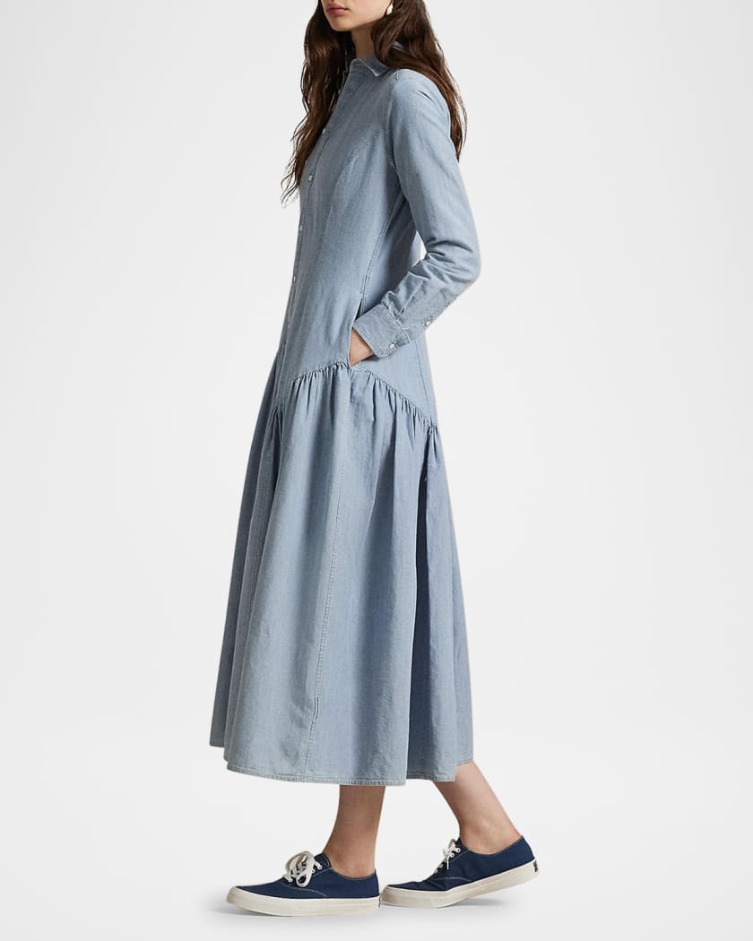 Long-Sleeve Cotton-Linen Chambray Shirtdress