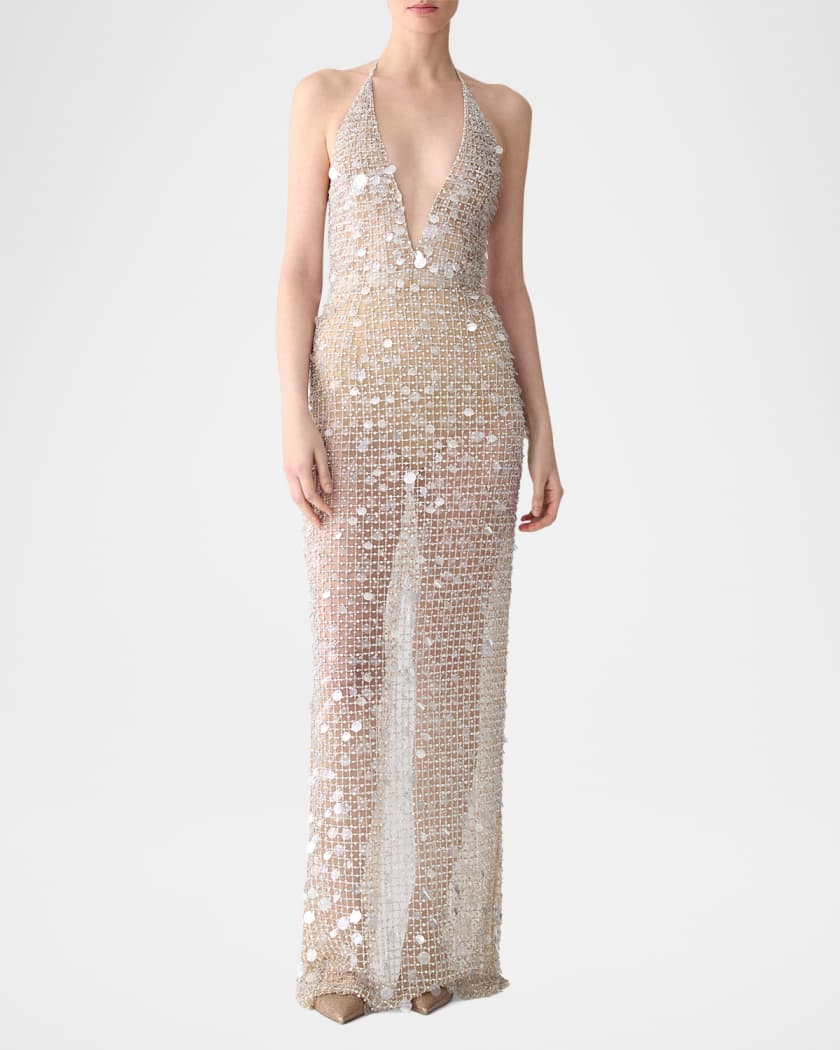 Embellished Plunging Halter Column Gown