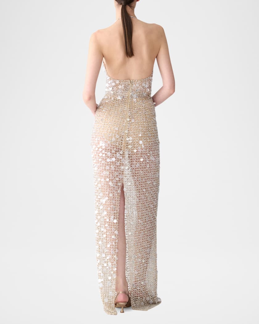 Embellished Plunging Halter Column Gown