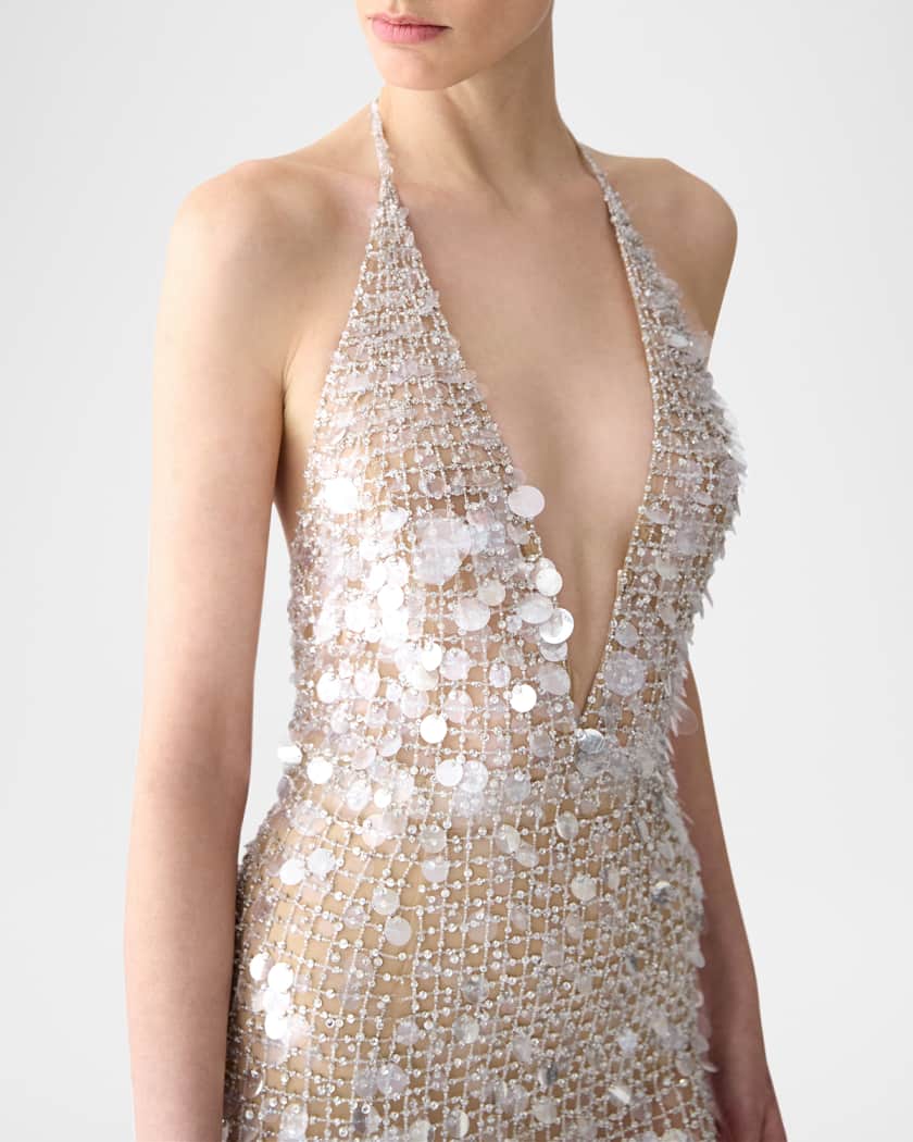 Embellished Plunging Halter Column Gown