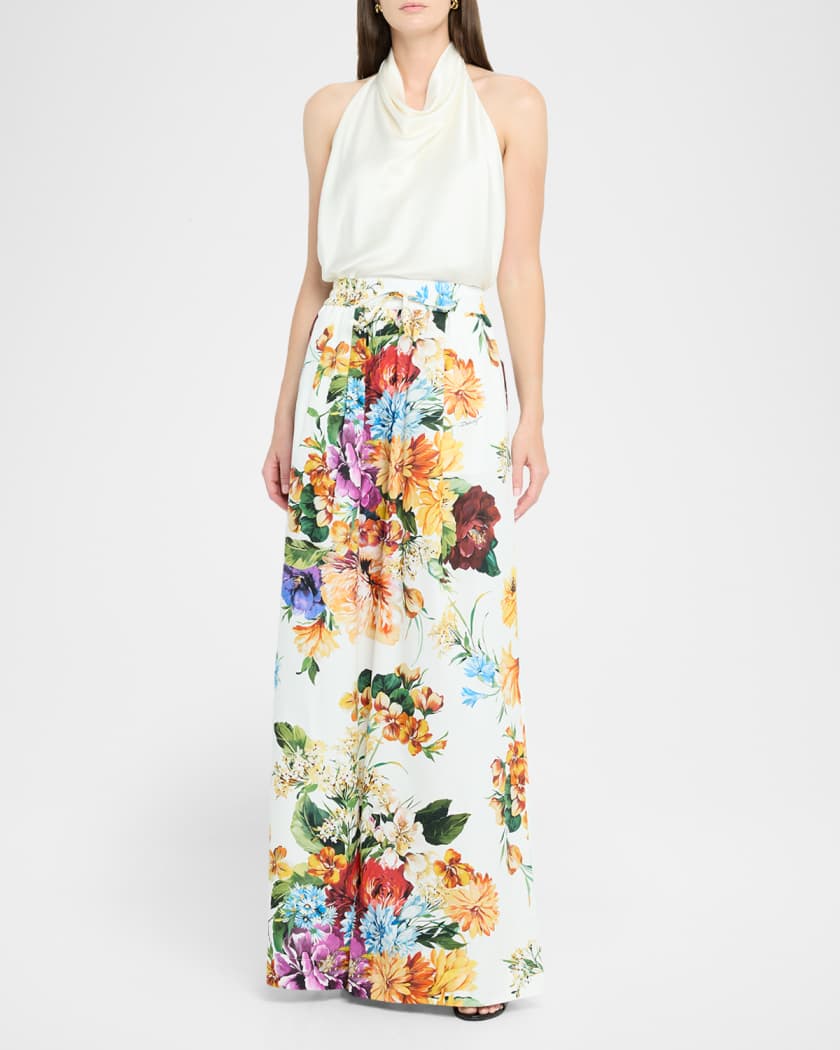 Floral Bouquet Wide-Leg Drawstring Pants