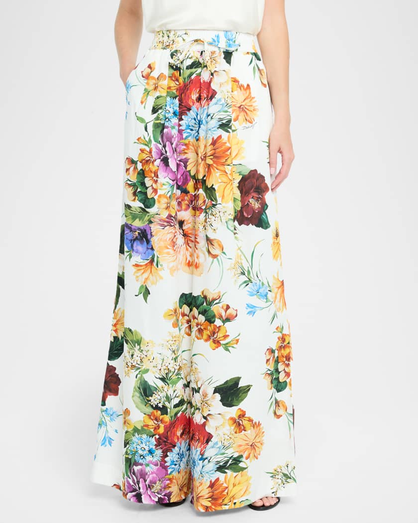 Floral Bouquet Wide-Leg Drawstring Pants