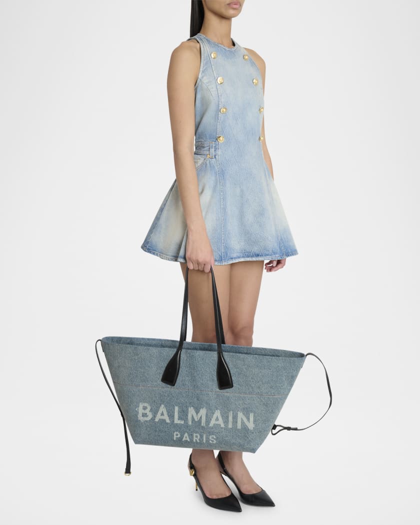 Balmain Track Shoulder Bag in Denim and Calfskin Leather