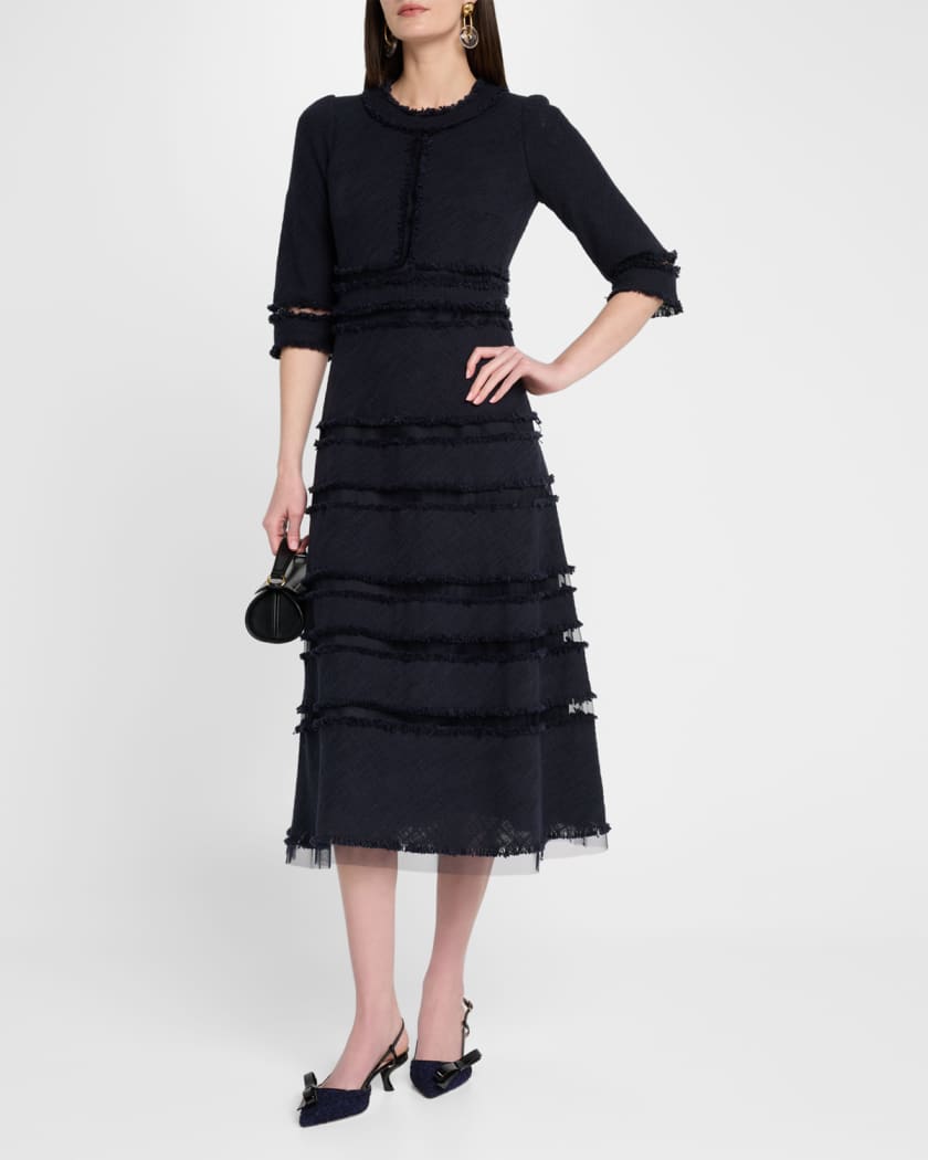3/4-Sleeve Fringed Tulle-Inset Midi Dress