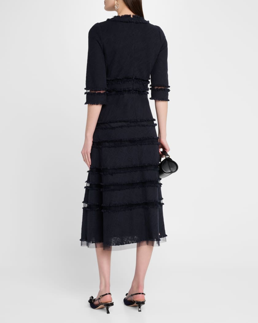 3/4-Sleeve Fringed Tulle-Inset Midi Dress