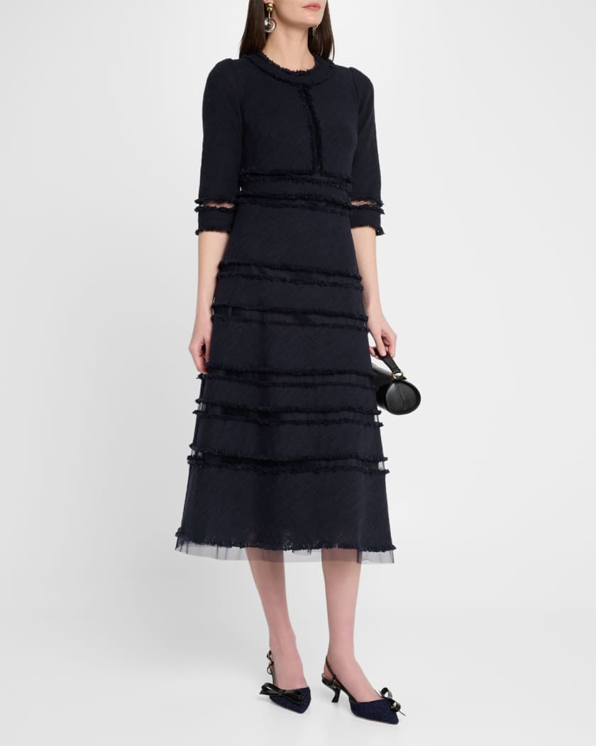 3/4-Sleeve Fringed Tulle-Inset Midi Dress