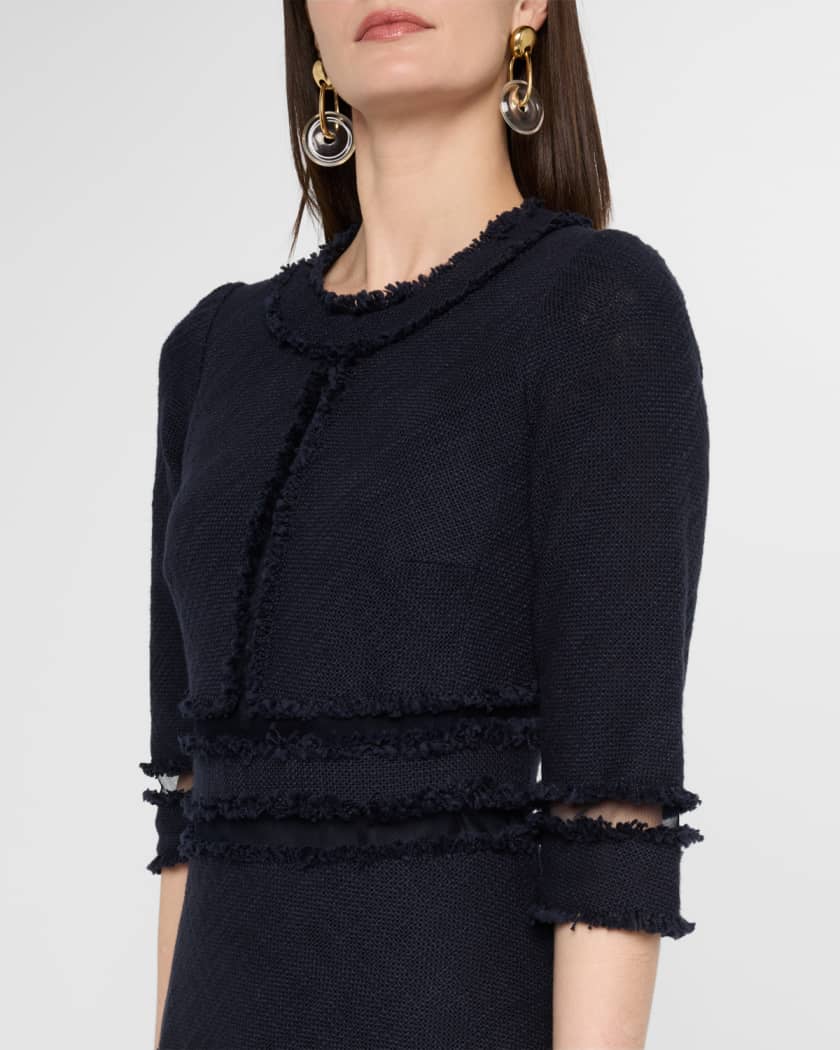 3/4-Sleeve Fringed Tulle-Inset Midi Dress
