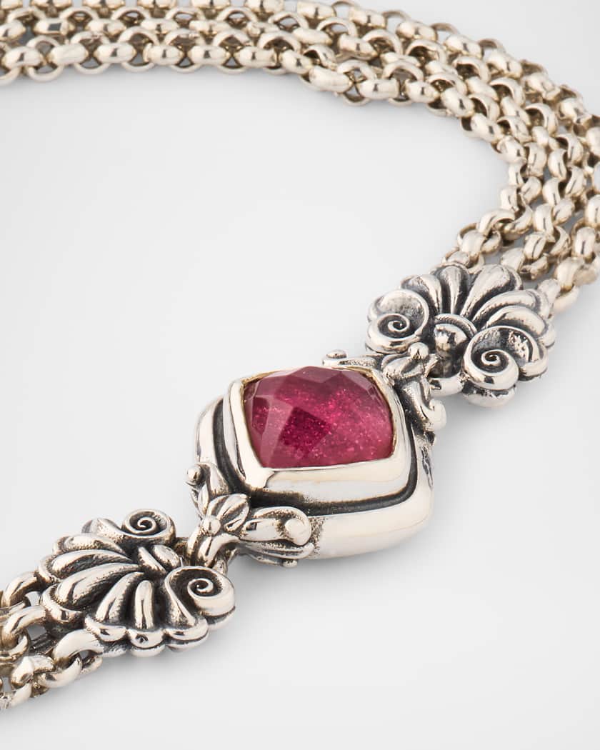 Ivy Rock Crystal, Strawberry Quartz and MOP Triple Chain Bracelet