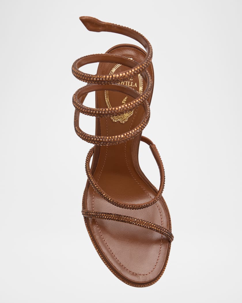 Cleo Crystal Satin Snake-Wrap Sandals