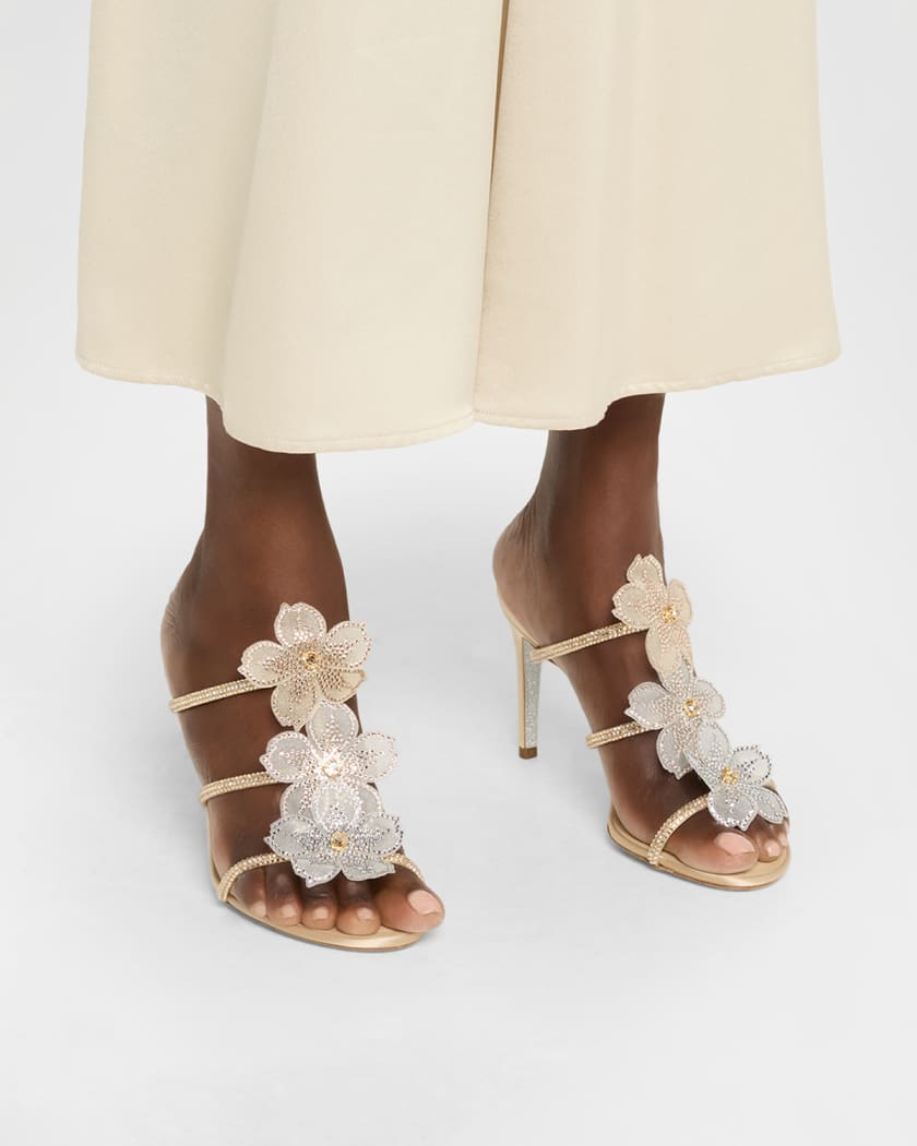 Floraine Crystal Flower Satin Cage Slide Sandals