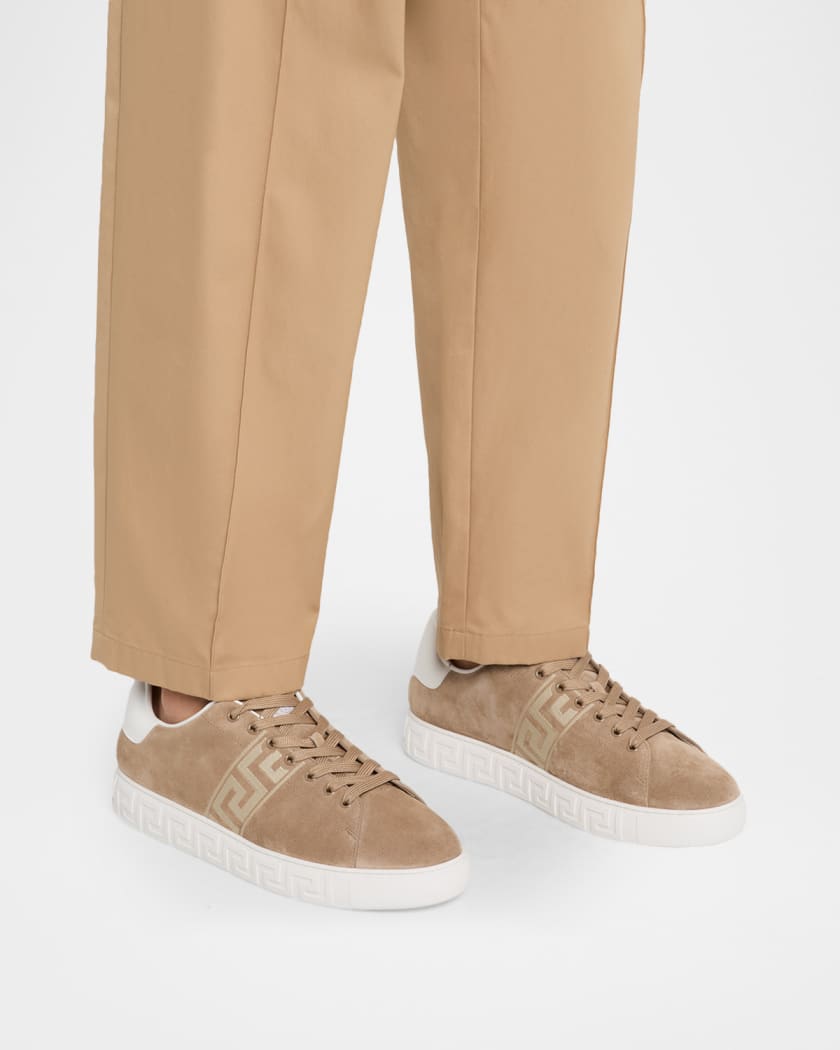 Men's La Greca Greek Key Suede Low-Top Sneakers