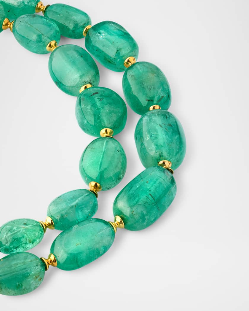 G One 18K Yellow Gold 2 Strand Emerald Tumbled Bead Necklace with Hourglass Rondelles