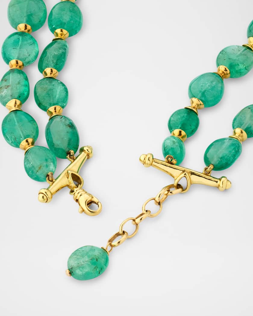G One 18K Yellow Gold 2 Strand Emerald Tumbled Bead Necklace with Hourglass Rondelles