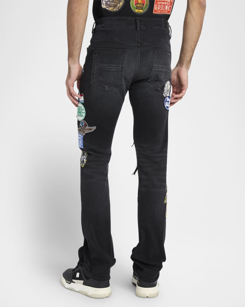 Men's Patchwork Slim-Fit Distressed Jeans