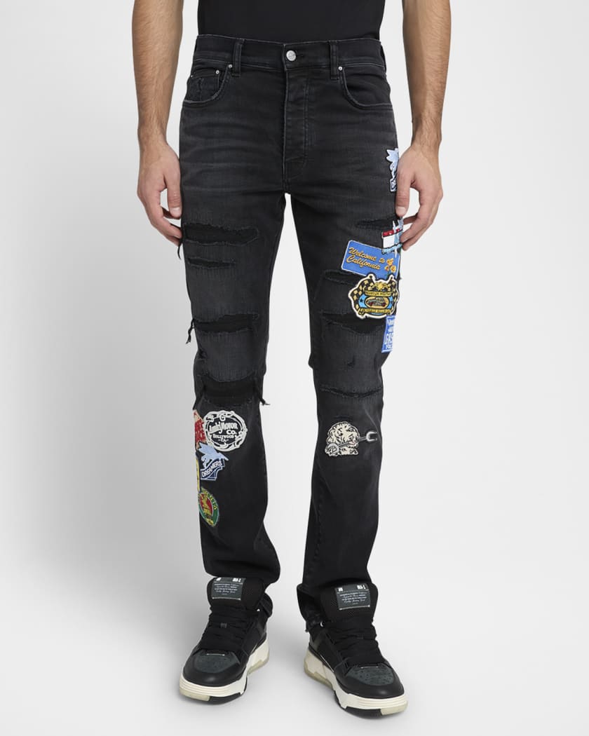 Men's Patchwork Slim-Fit Distressed Jeans