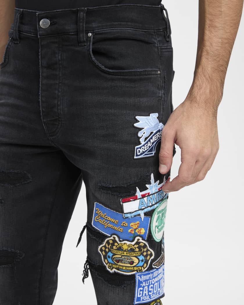 Men's Patchwork Slim-Fit Distressed Jeans