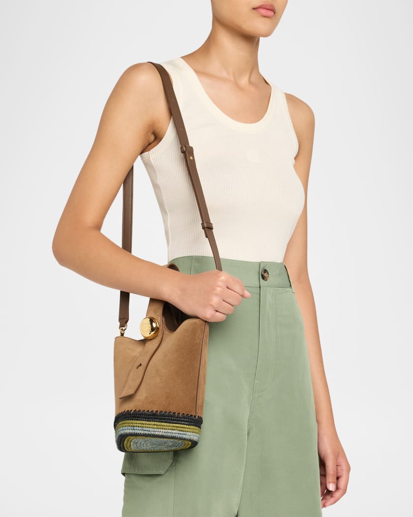 Pebble Raffia-Bottom Mini Bucket Bag in Suede