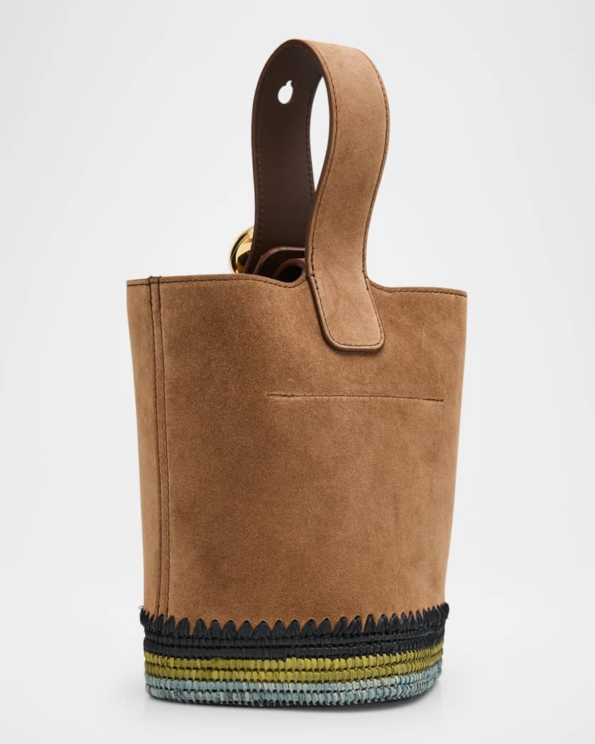 Pebble Raffia-Bottom Mini Bucket Bag in Suede