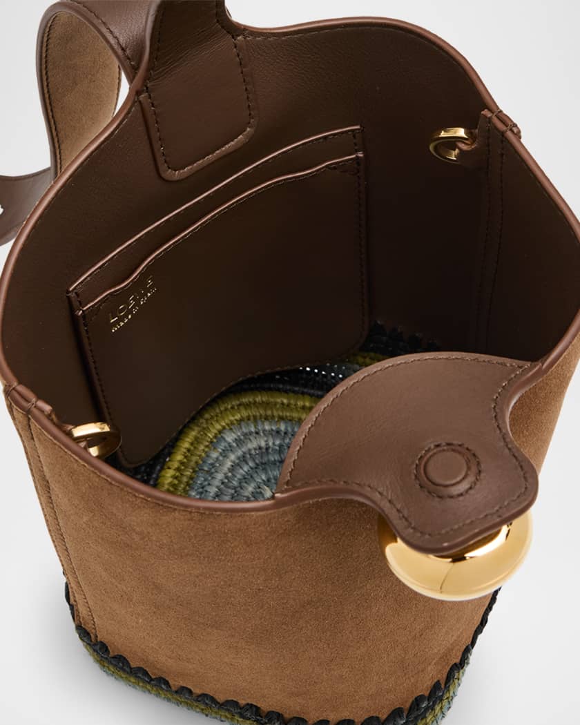 Pebble Raffia-Bottom Mini Bucket Bag in Suede