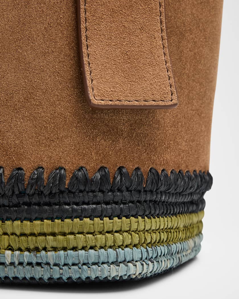 Pebble Raffia-Bottom Mini Bucket Bag in Suede