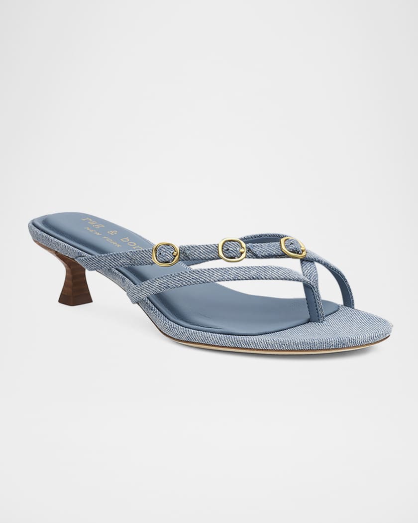 Sammie Denim Buckle Kitten-Heel Sandals