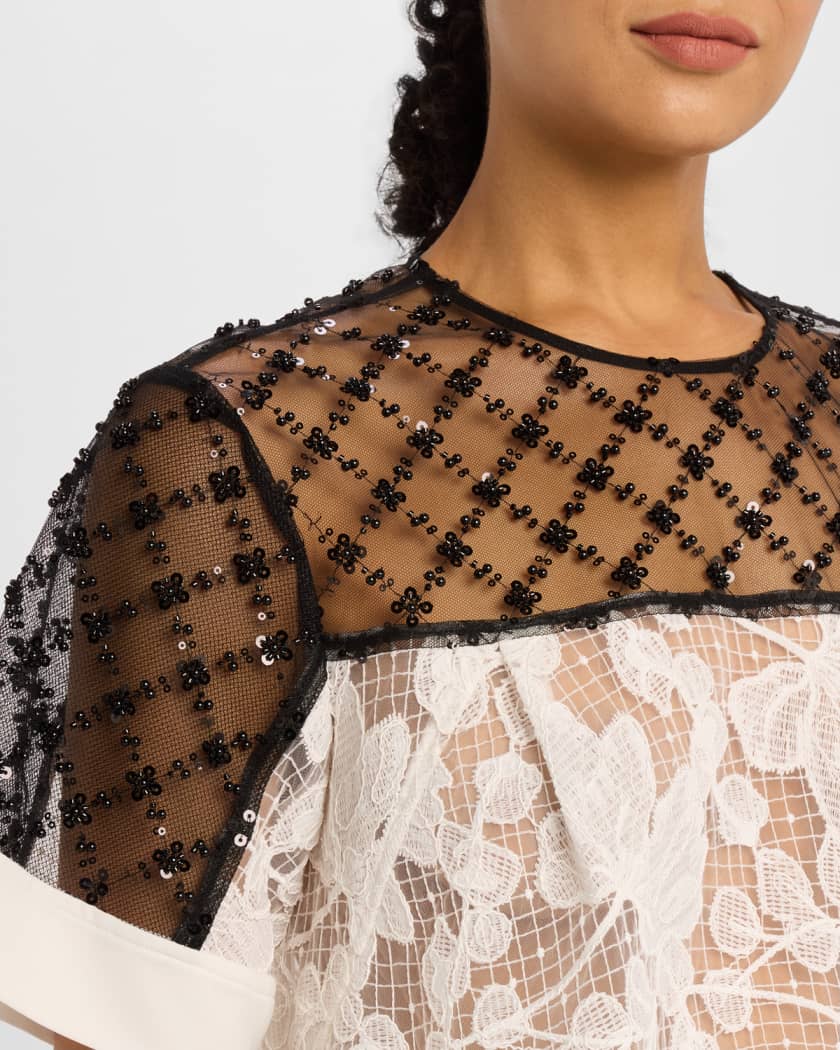 Corded Lace Organza Short-Sleeve Flounce Top