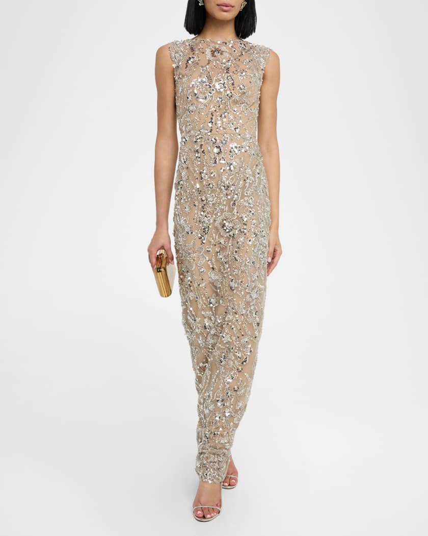 Violet Bead & Sequin Floral-Embroidered Gown