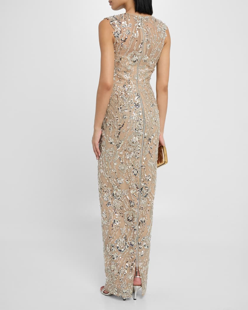 Violet Bead & Sequin Floral-Embroidered Gown