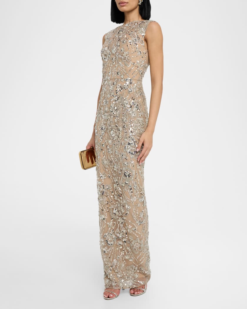 Violet Bead & Sequin Floral-Embroidered Gown